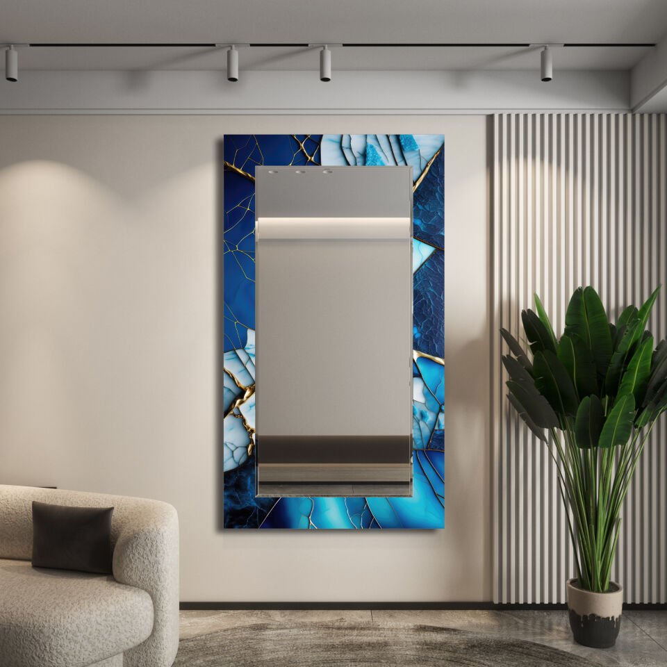 Mavi Mermer Desenli Modern Dekoratif Duvar Aynası | CFM-0013-Dikey