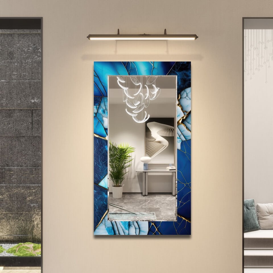 Mavi Mermer Desenli Modern Dekoratif Duvar Aynası | CFM-0013-Dikey