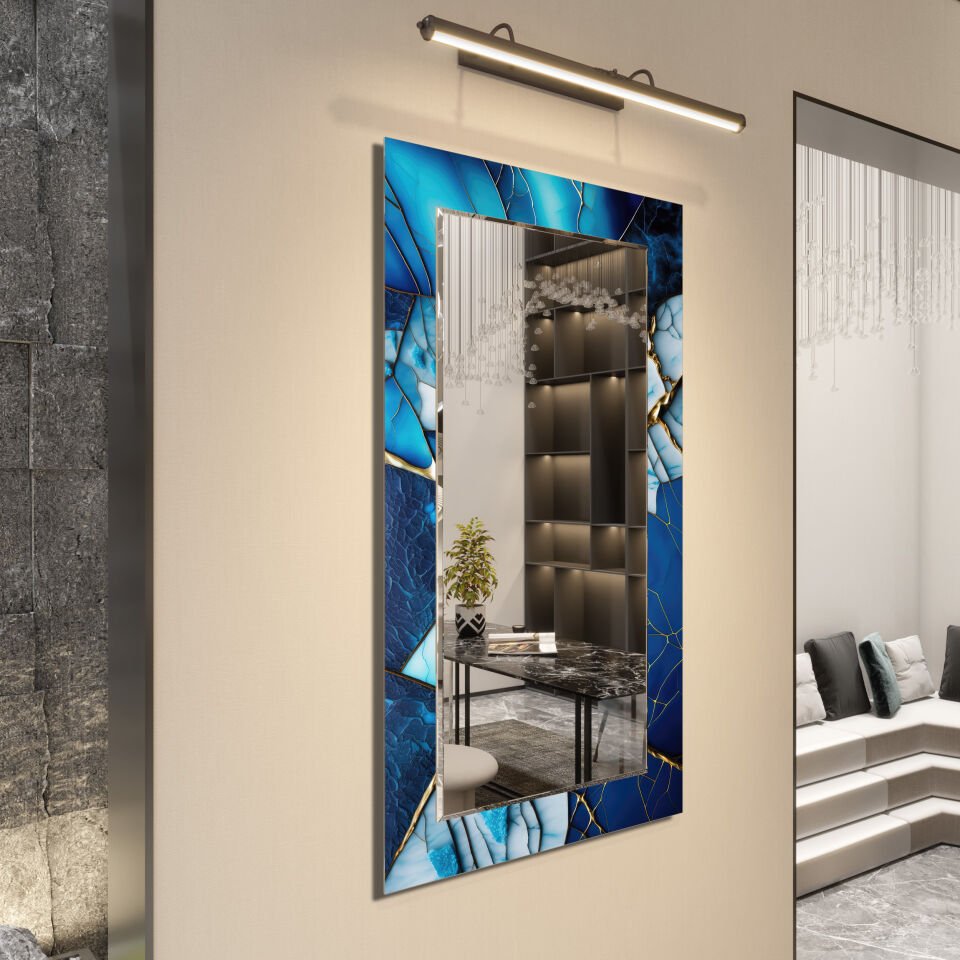 Mavi Mermer Desenli Modern Dekoratif Duvar Aynası | CFM-0013-Dikey