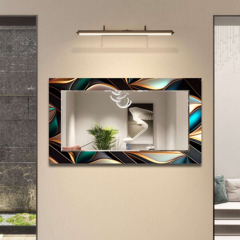 Rengarenk Desenli Dekoratif Cam Ayna – Altın Detaylı Modern Duvar Aynası | CFM0010-YATAY