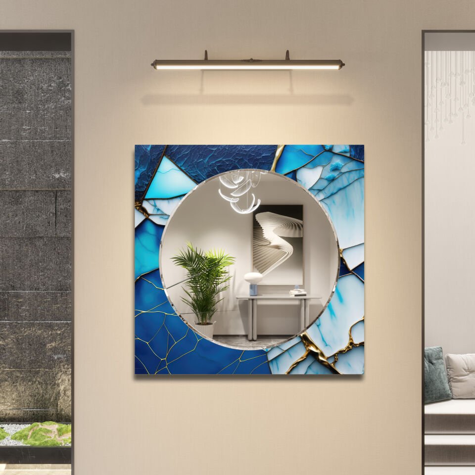 Mavi Mermer Desenli Modern Dekoratif Duvar Aynası | CFM-0013-KARE