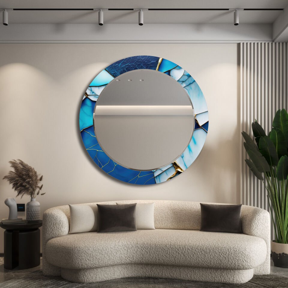 Mavi Mermer Desenli Modern Dekoratif Duvar Aynası | CFM-0013-YUVARLAK