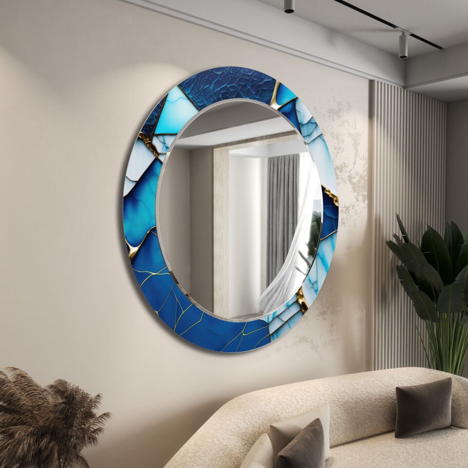 Mavi Mermer Desenli Modern Dekoratif Duvar Aynası | CFM-0013-YUVARLAK