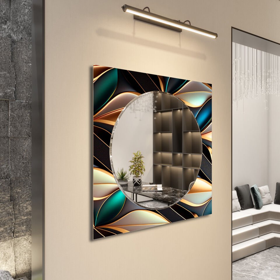 Rengarenk Desenli Dekoratif Cam Ayna – Altın Detaylı Modern Duvar Aynası | CFM0010-KARE