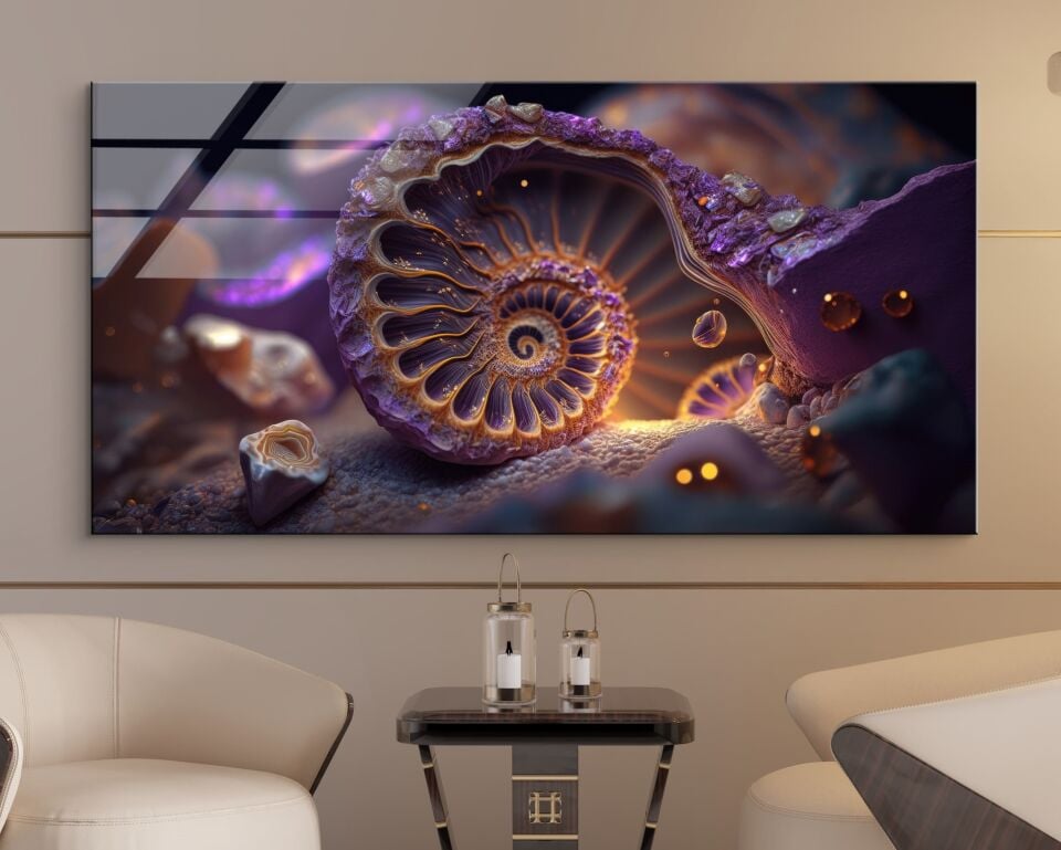 Mor Spiral Fosil Cam Tablo – Doğanın Derinliklerinden Gelen Sanat | CF0777