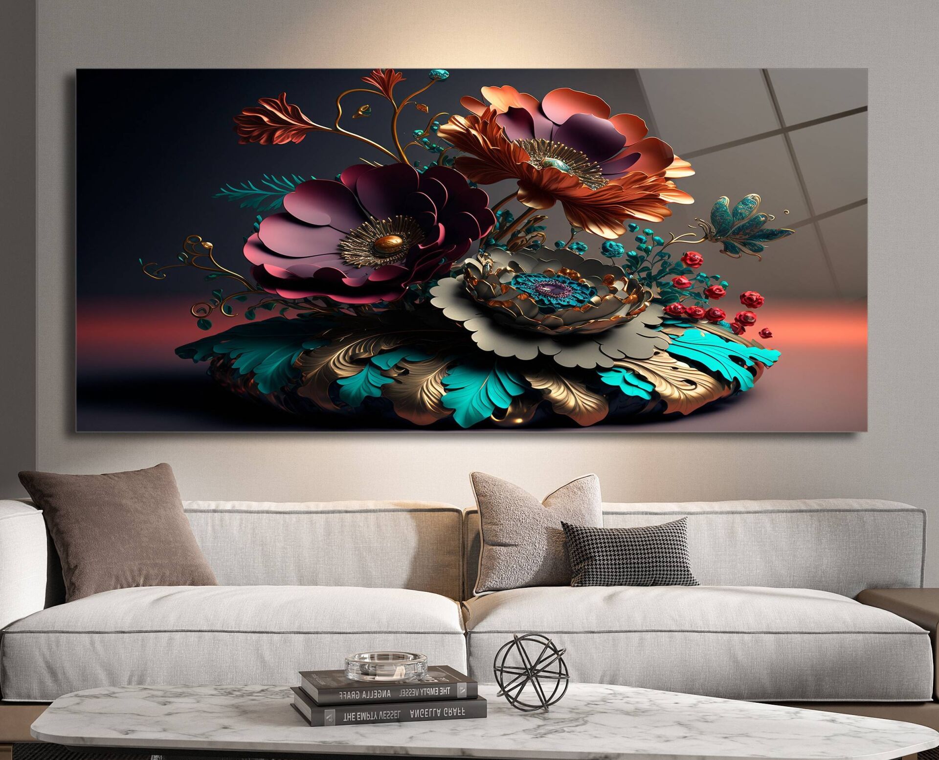 3D Altın ve Renkli Çiçek Desenli Modern Cam Tablo | CF0370
