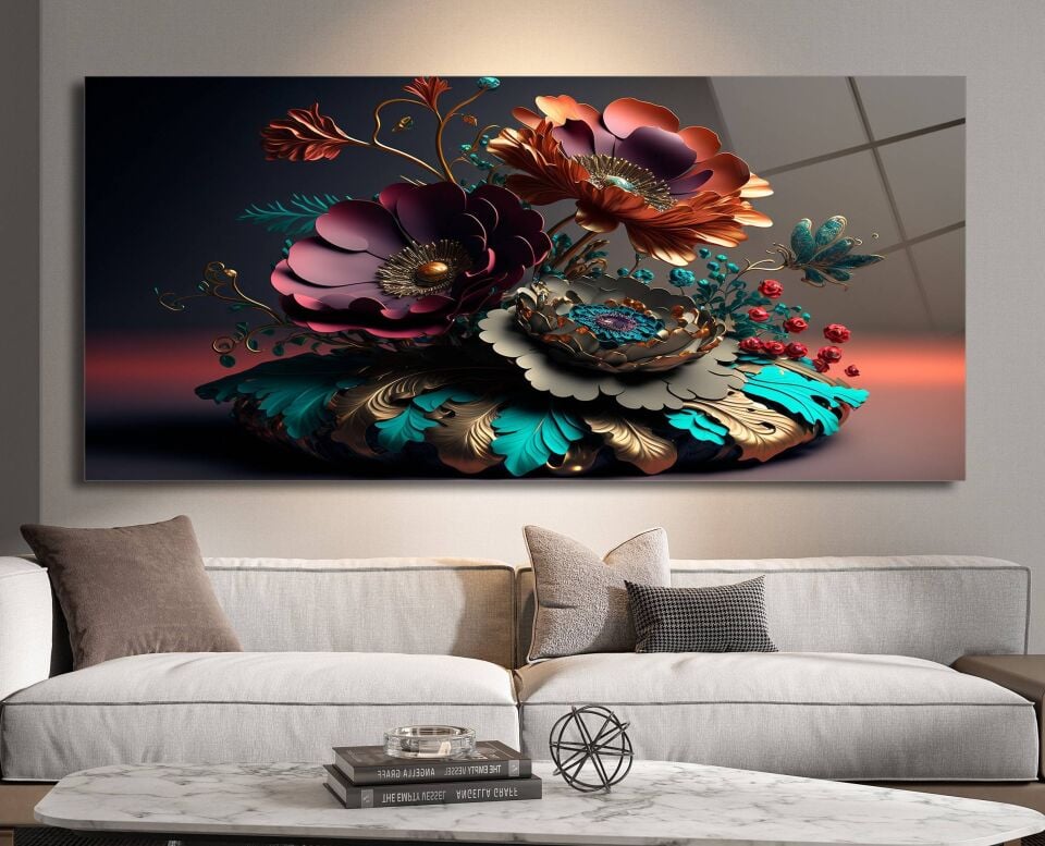 3D Altın ve Renkli Çiçek Desenli Modern Cam Tablo | CF0370