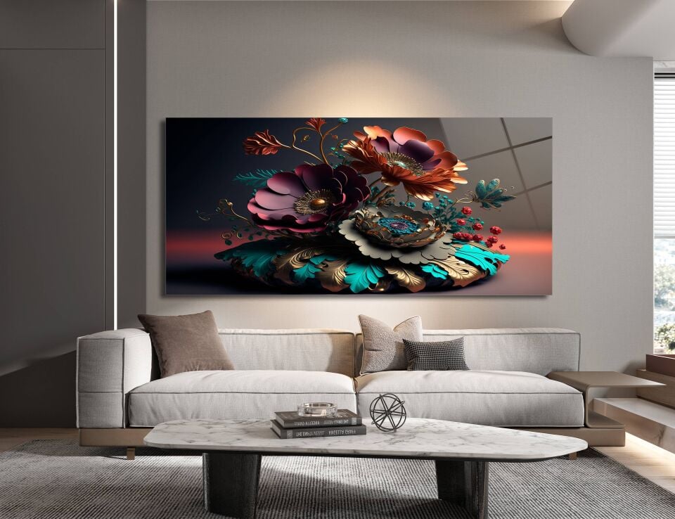 3D Altın ve Renkli Çiçek Desenli Modern Cam Tablo | CF0370
