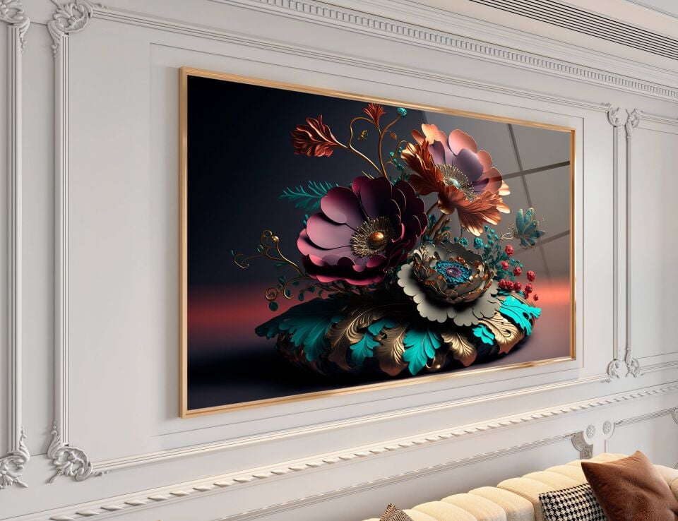 3D Altın ve Renkli Çiçek Desenli Modern Cam Tablo | CF0370