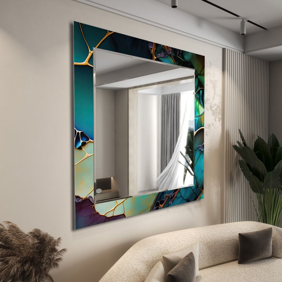 Yeşil Mermer Desenli Modern Dekoratif Duvar Aynası | CFM-0018-KARE