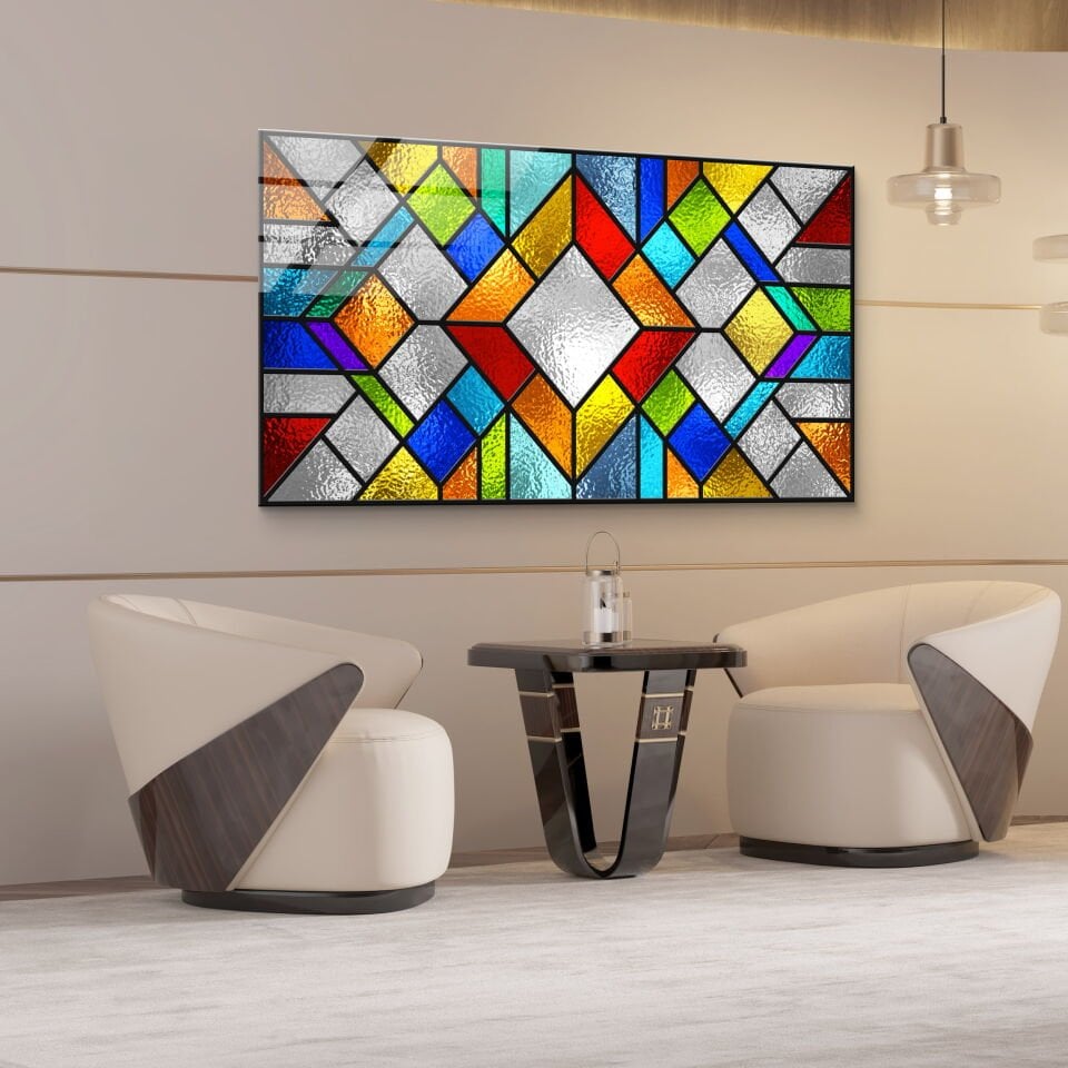 Renkli Vitray Desenli Cam Tablo – Modern Sanatın Işıltısını Duvarlarınıza Taşıyın | CF0668