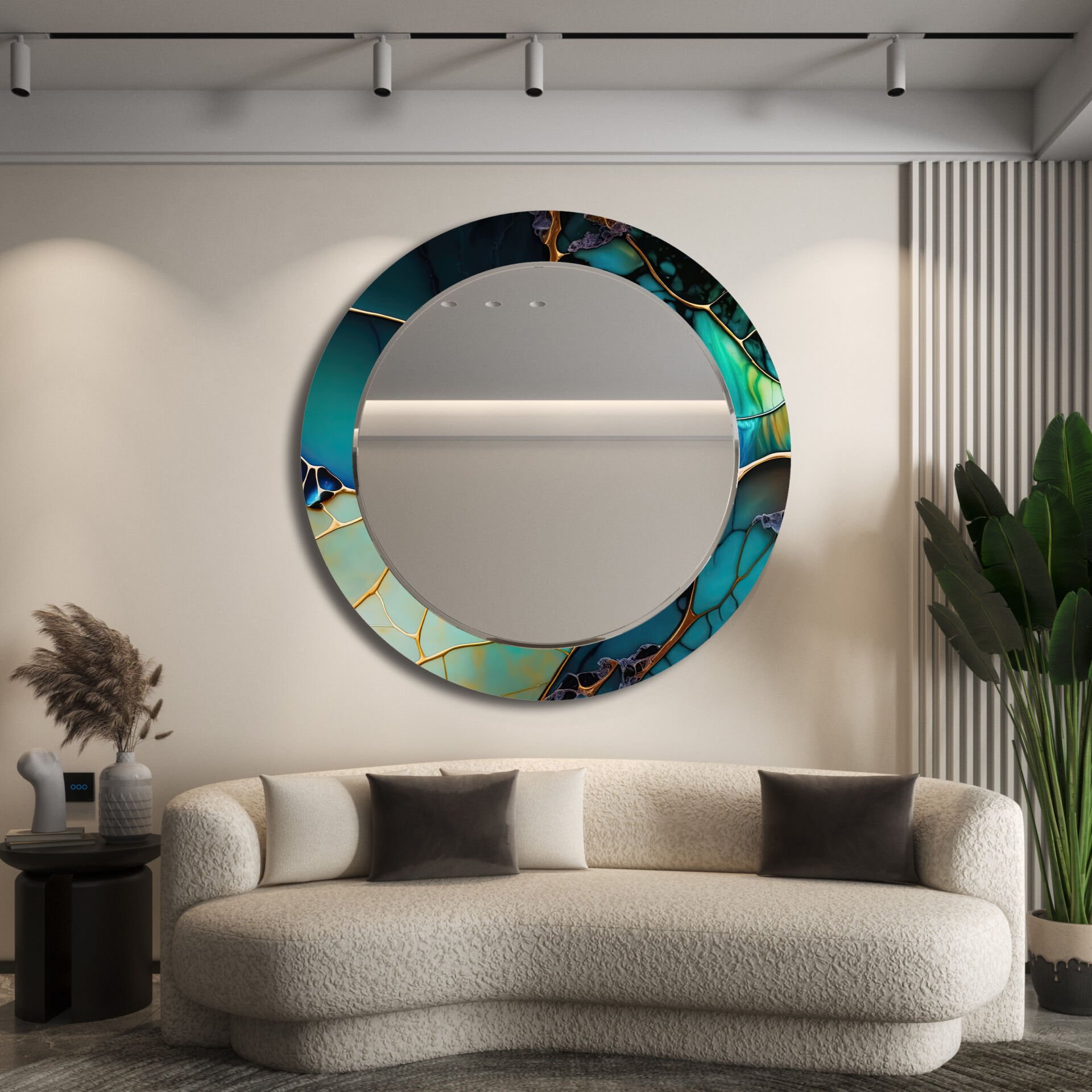 Yeşil Mermer Desenli Modern Dekoratif Duvar Aynası | CFM-0018-YUVARLAK