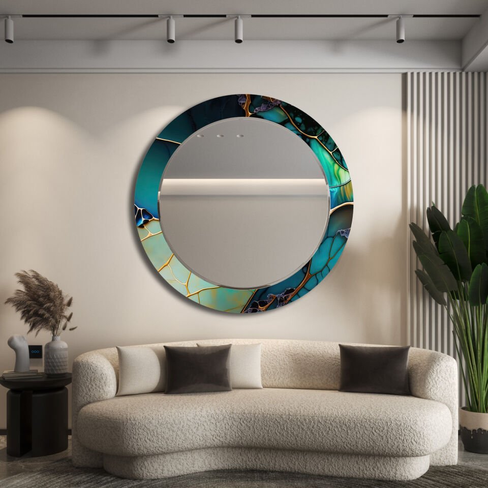 Yeşil Mermer Desenli Modern Dekoratif Duvar Aynası | CFM-0018-YUVARLAK
