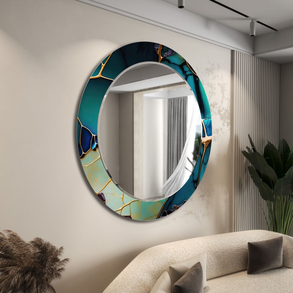 Yeşil Mermer Desenli Modern Dekoratif Duvar Aynası | CFM-0018-YUVARLAK