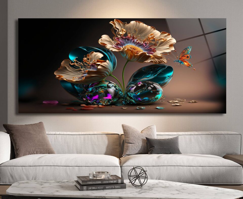 3D Altın ve Renkli Çiçek Desenli Modern Cam Tablo | CF0371