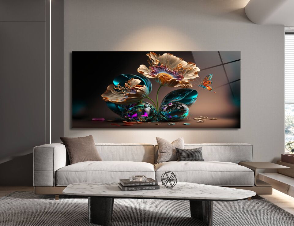 3D Altın ve Renkli Çiçek Desenli Modern Cam Tablo | CF0371