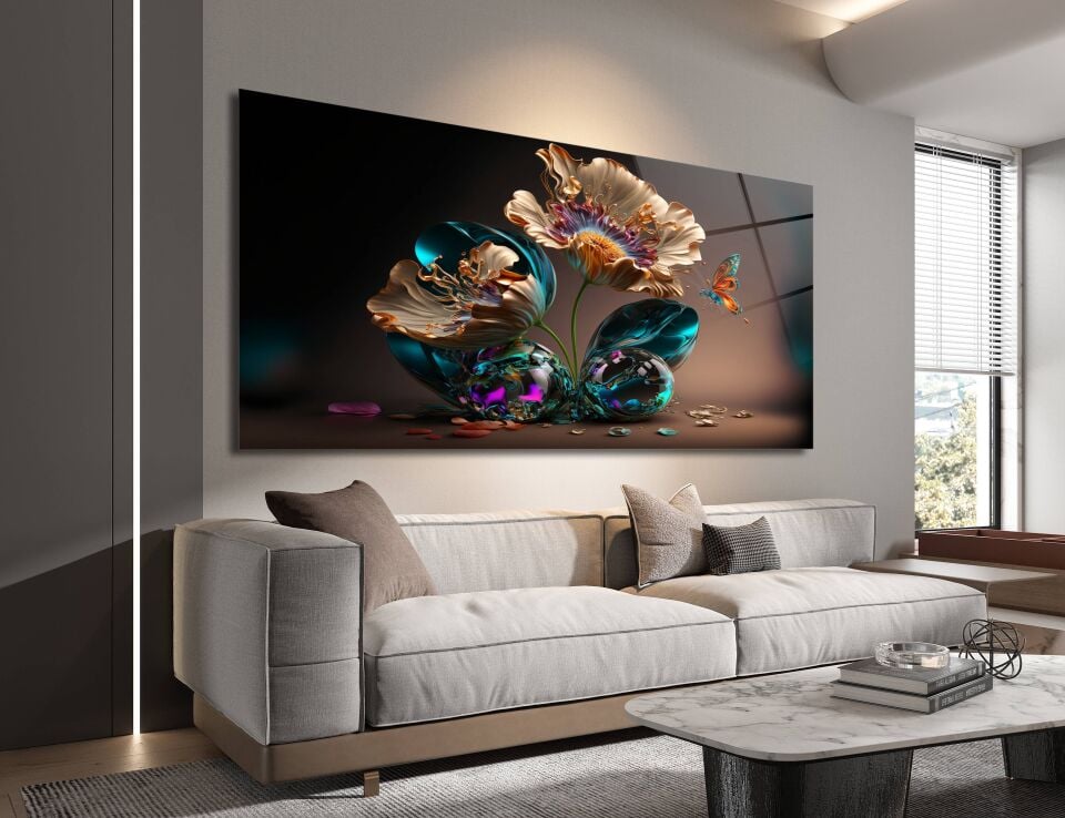 3D Altın ve Renkli Çiçek Desenli Modern Cam Tablo | CF0371