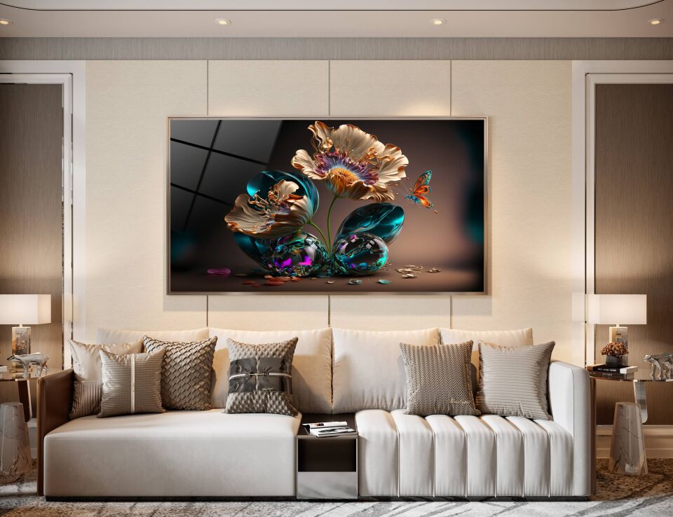 3D Altın ve Renkli Çiçek Desenli Modern Cam Tablo | CF0371