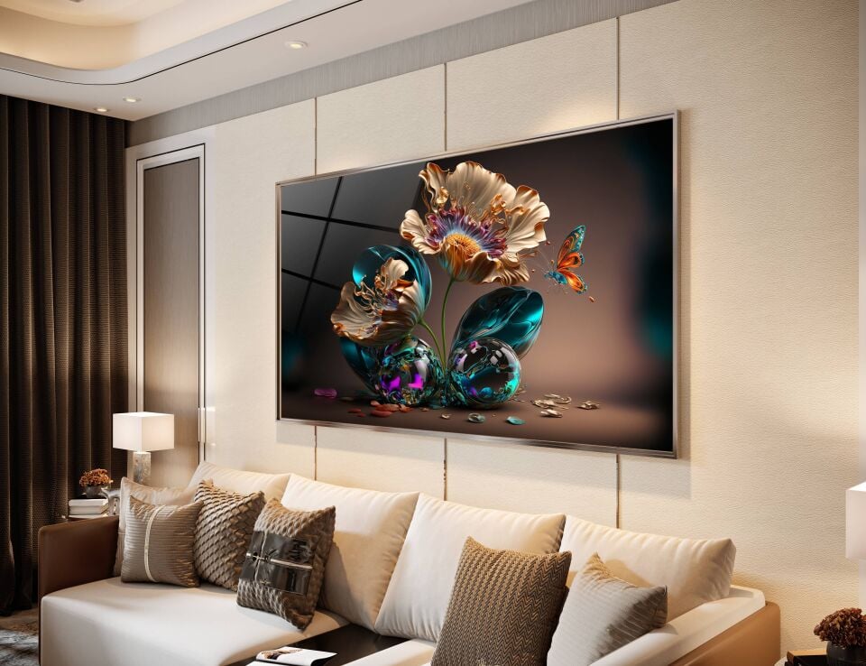 3D Altın ve Renkli Çiçek Desenli Modern Cam Tablo | CF0371