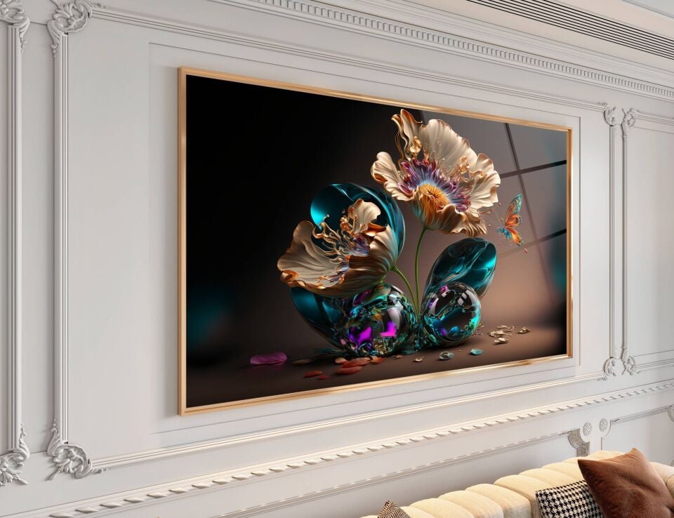 3D Altın ve Renkli Çiçek Desenli Modern Cam Tablo | CF0371