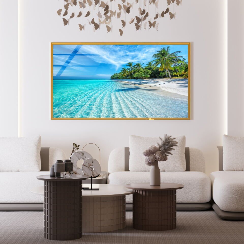 Tropikal Sahil Manzaralı Cam Tablo – Evinizde Tatil Hissi Yaratın | CF0669