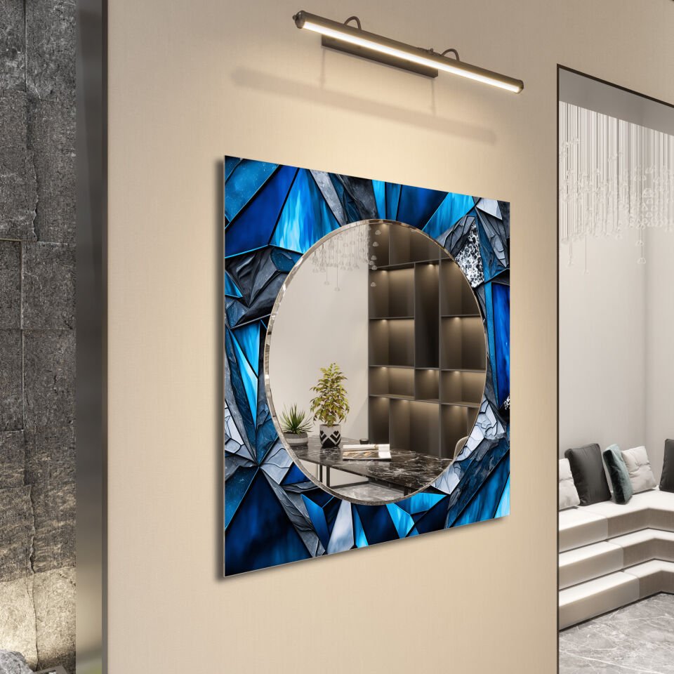 Mavi Krem Desenli Dekoratif Cam Ayna – Altın Detaylı Modern Duvar Aynası | CFM0004-KARE