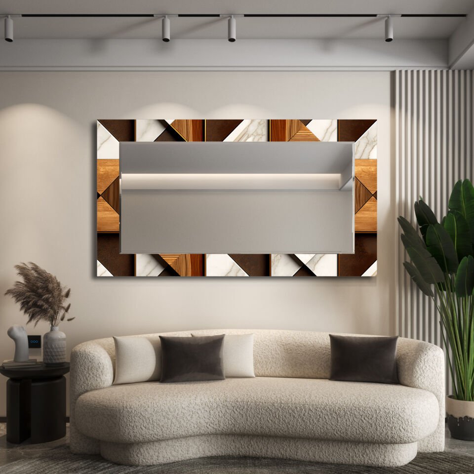 Krem ve Kahve Tonlarda Geometrik Desenli Dekoratif Ayna | CFM0014-YATAY