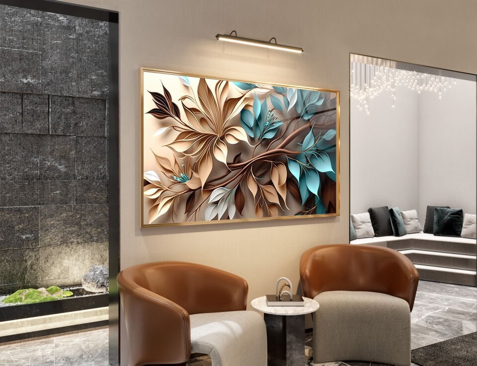 DOĞAL RENKLERDE 3D ÇİÇEK VE YAPRAK DESENLİ CAM TABLO | CF0586