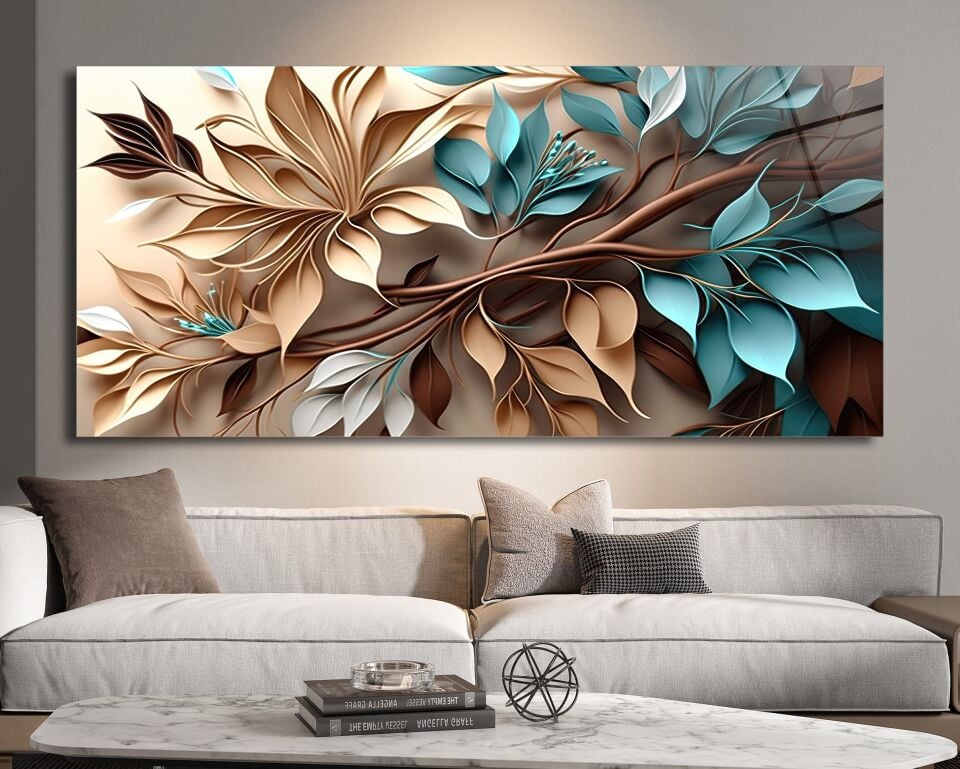 DOĞAL RENKLERDE 3D ÇİÇEK VE YAPRAK DESENLİ CAM TABLO | CF0586