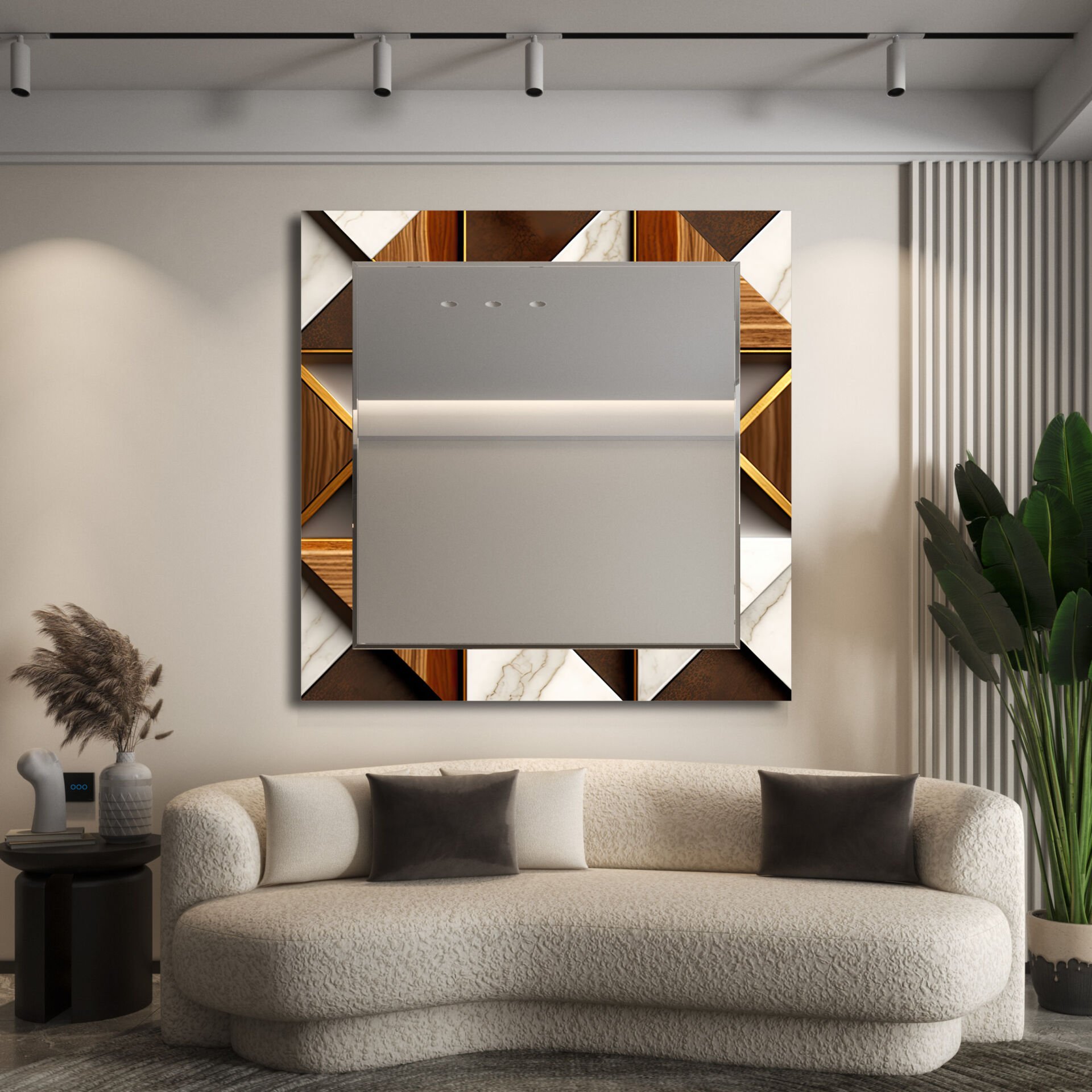 Krem ve Kahve Tonlarda Geometrik Desenli Dekoratif Ayna | CFM0014-Kare