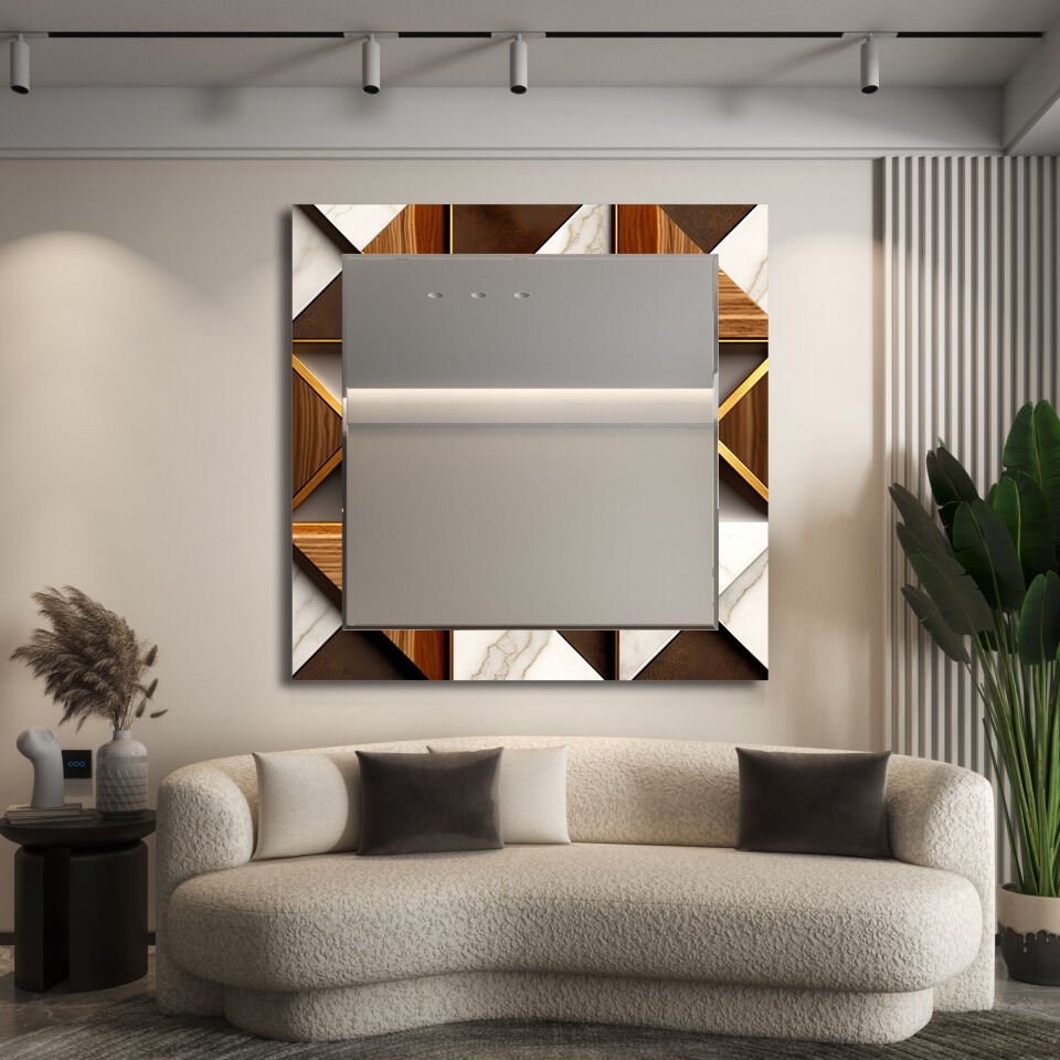 Krem ve Kahve Tonlarda Geometrik Desenli Dekoratif Ayna | CFM0014-Kare
