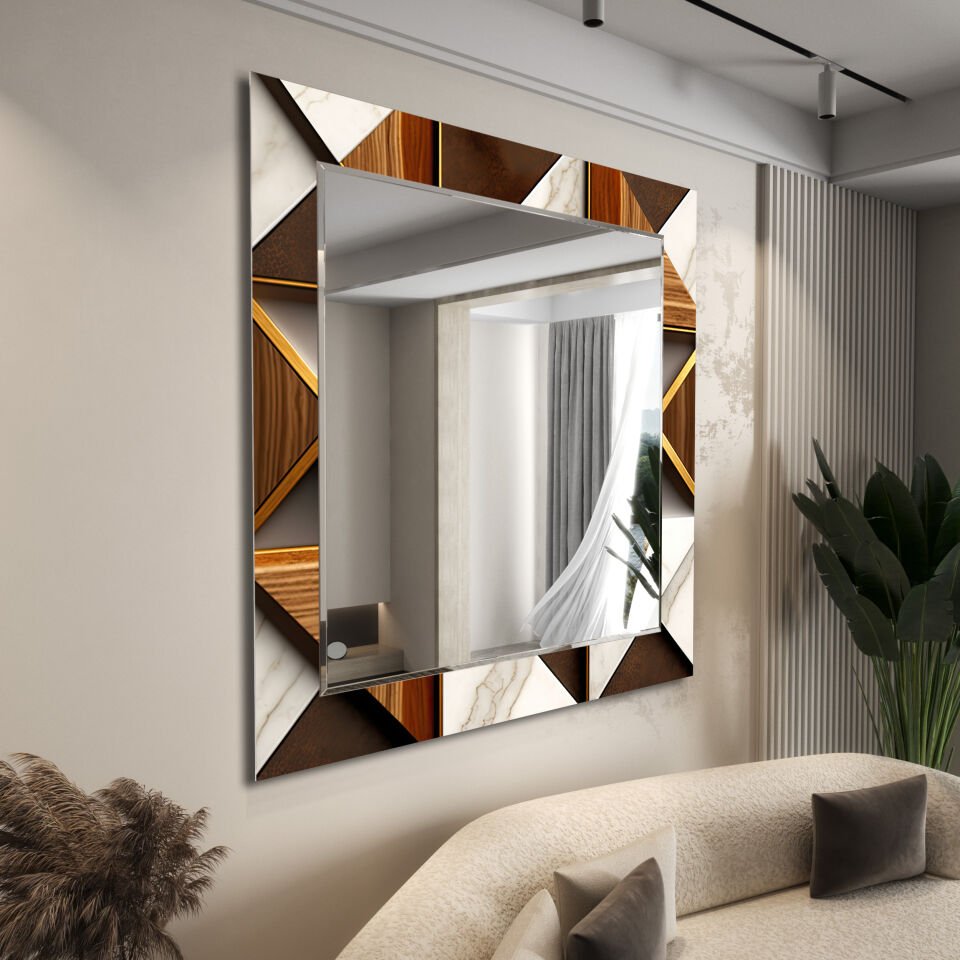 Krem ve Kahve Tonlarda Geometrik Desenli Dekoratif Ayna | CFM0014-Kare