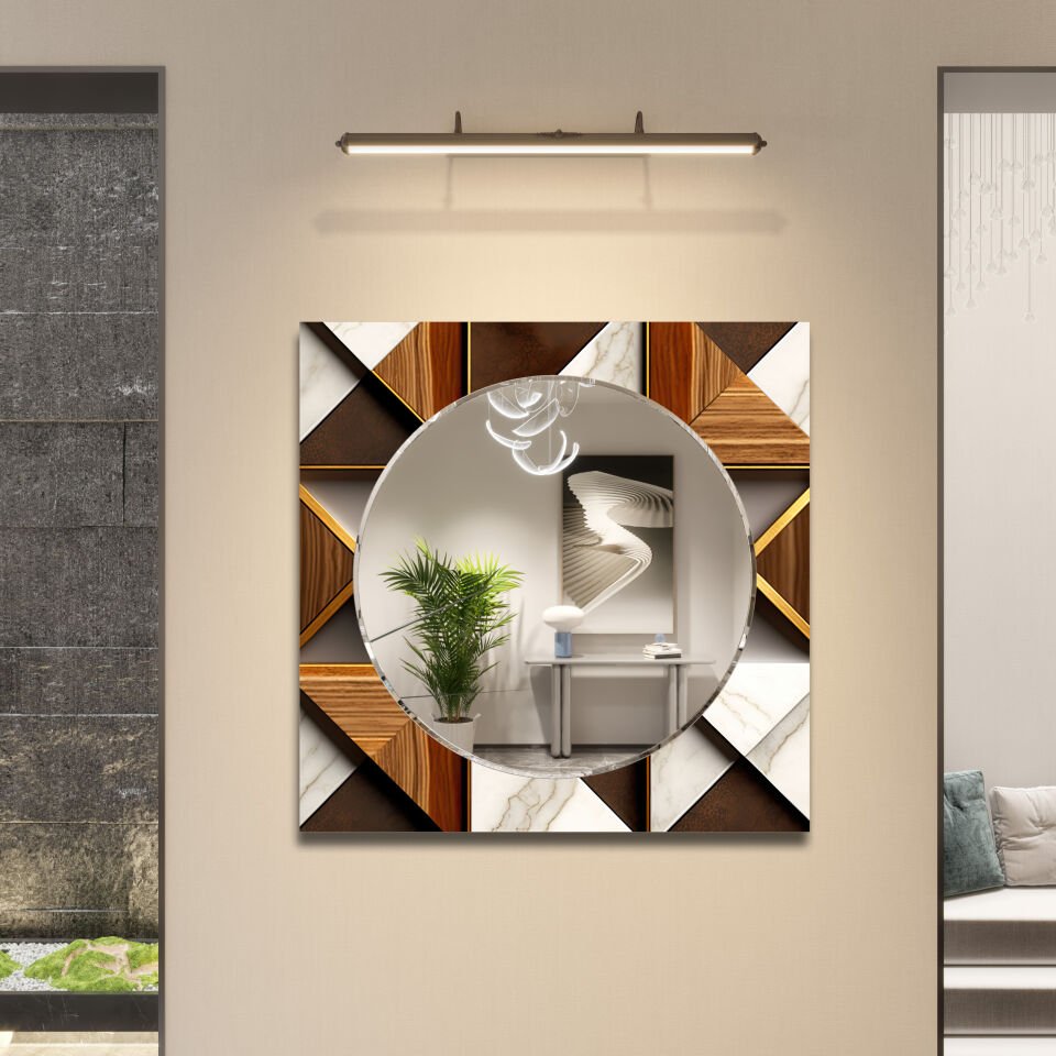 Krem ve Kahve Tonlarda Geometrik Desenli Dekoratif Ayna | CFM0014-Kare