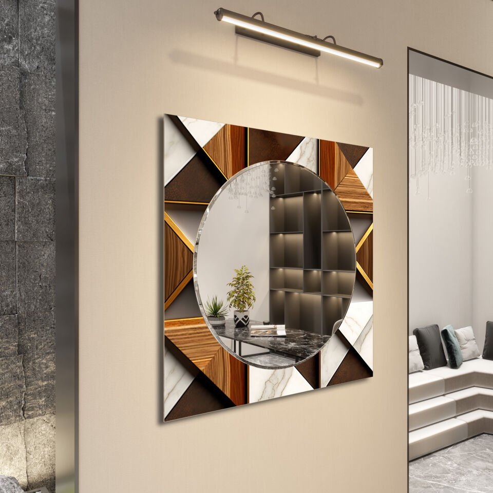 Krem ve Kahve Tonlarda Geometrik Desenli Dekoratif Ayna | CFM0014-Kare