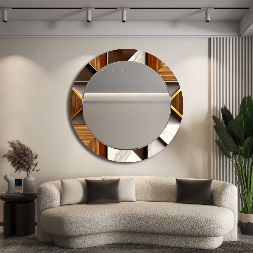 Krem ve Kahve Tonlarda Geometrik Desenli Dekoratif Ayna | CFM0014-Yuvarlak