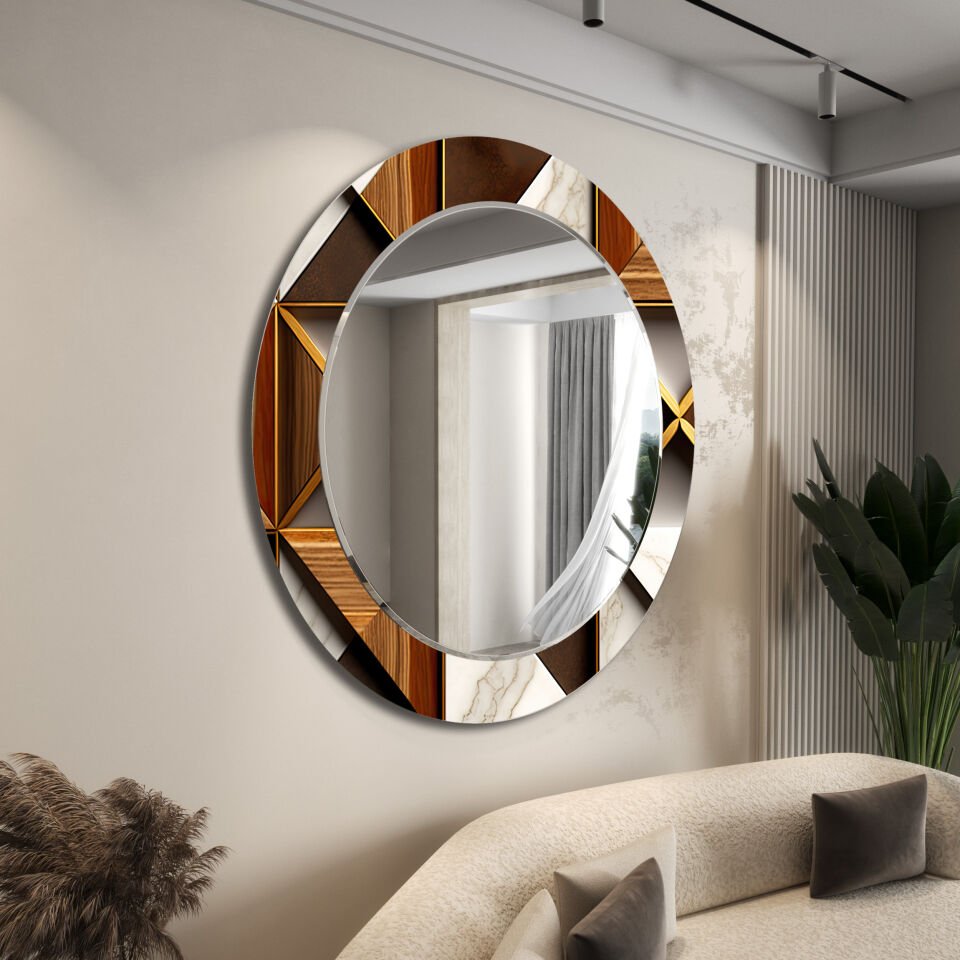 Krem ve Kahve Tonlarda Geometrik Desenli Dekoratif Ayna | CFM0014-Yuvarlak