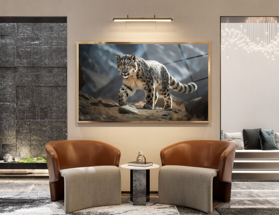 Kar Leoparı Temalı Doğa Cam Tablo | CF0565