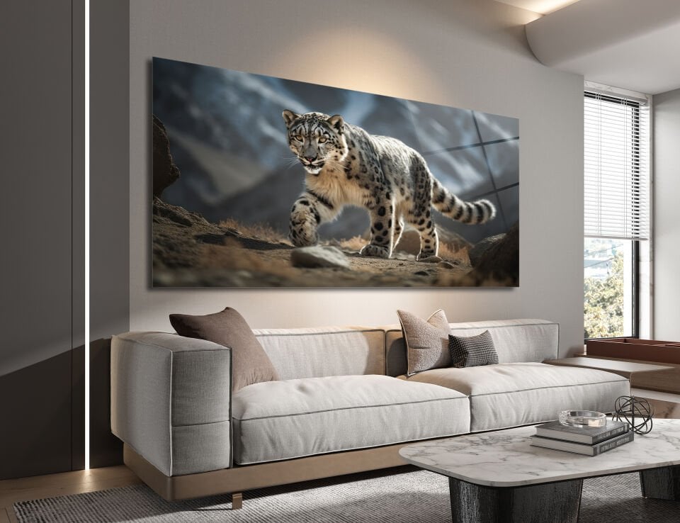 Kar Leoparı Temalı Doğa Cam Tablo | CF0565