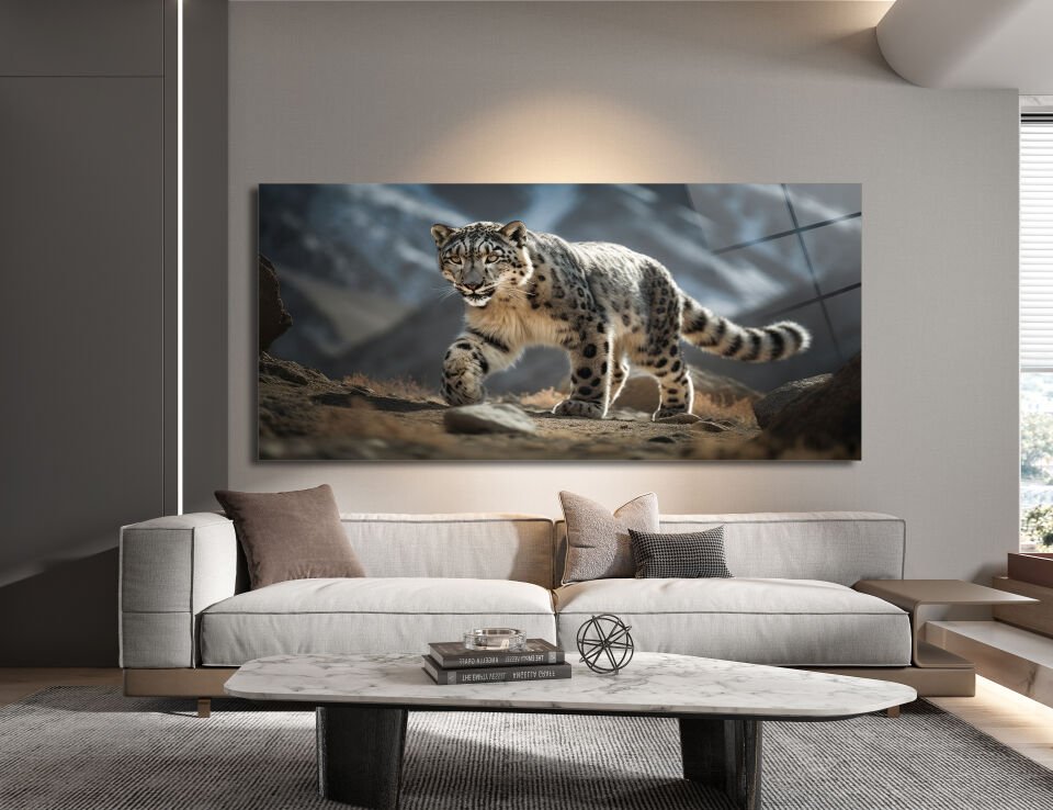 Kar Leoparı Temalı Doğa Cam Tablo | CF0565