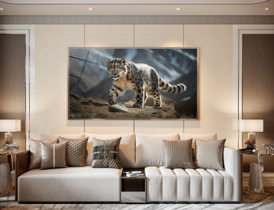 Kar Leoparı Temalı Doğa Cam Tablo | CF0565
