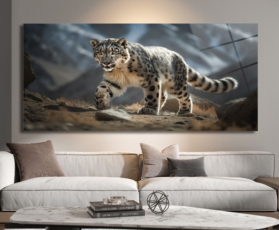 Kar Leoparı Temalı Doğa Cam Tablo | CF0565