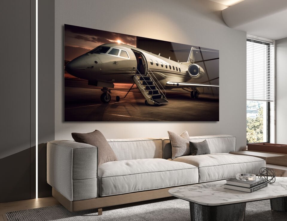 Lüks Jet Uçak Temalı Cam Tablo – Modern Duvar Dekoru | CF0568