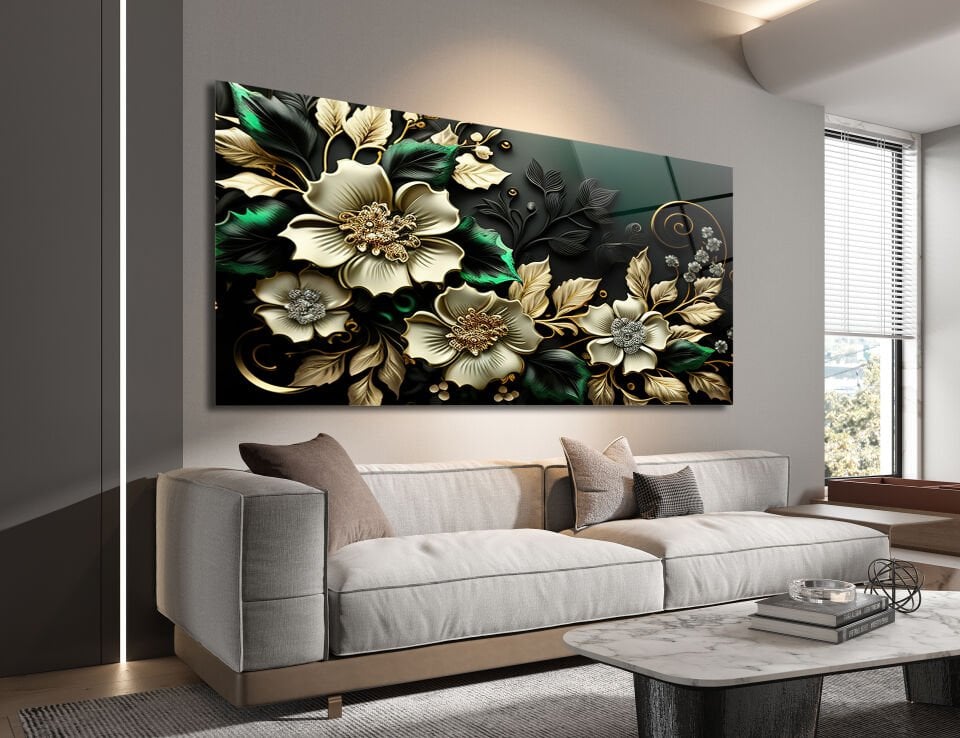 3D Çiçek Desenli Modern Cam Tablo – Zarafetin Sanatla Buluştuğu An | CF0569