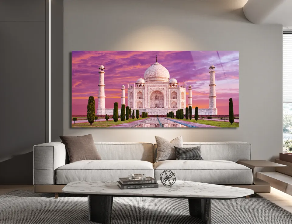 Taj Mahal Manzaralı Cam Tablo | Mor Gün Batımı Fonlu | CF0121