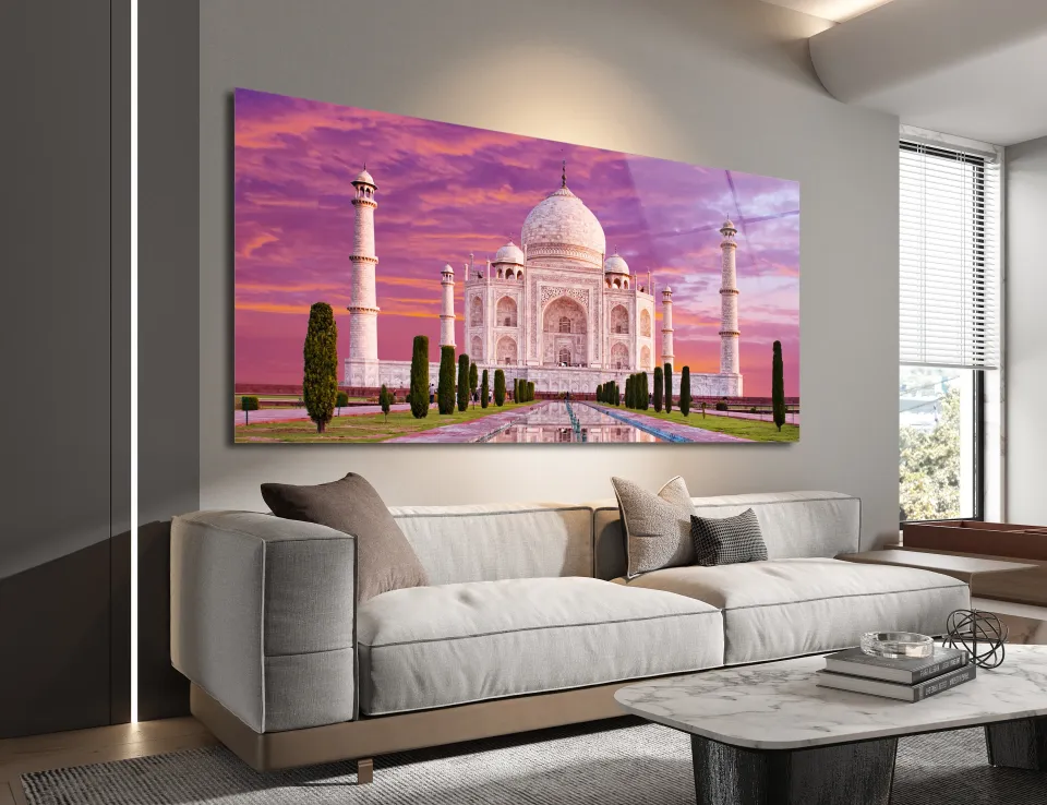 Taj Mahal Manzaralı Cam Tablo | Mor Gün Batımı Fonlu | CF0121
