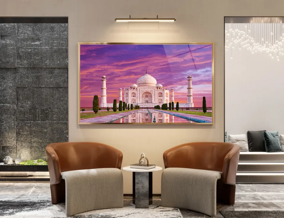 Taj Mahal Manzaralı Cam Tablo | Mor Gün Batımı Fonlu | CF0121