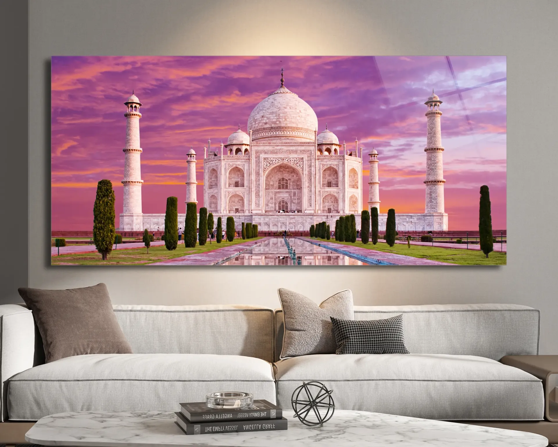 Taj Mahal Manzaralı Cam Tablo | Mor Gün Batımı Fonlu | CF0121