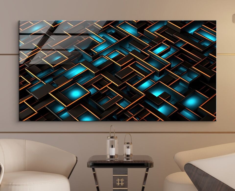 Mavi ve Siyah Geometrik Desenli Modern Cam Tablo | CF0926