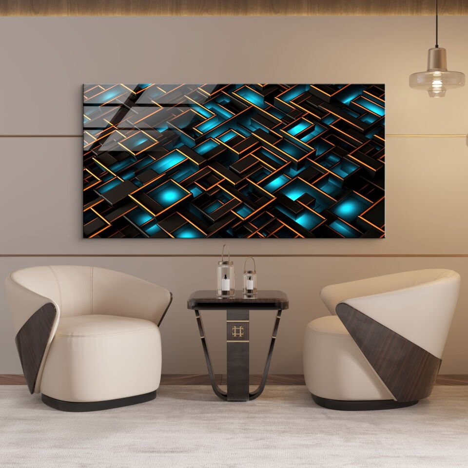 Mavi ve Siyah Geometrik Desenli Modern Cam Tablo | CF0926