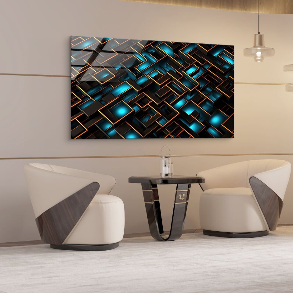 Mavi ve Siyah Geometrik Desenli Modern Cam Tablo | CF0926